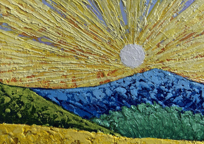 Oil painting of sunset rays over mountain valley by V. Zadorozhnya