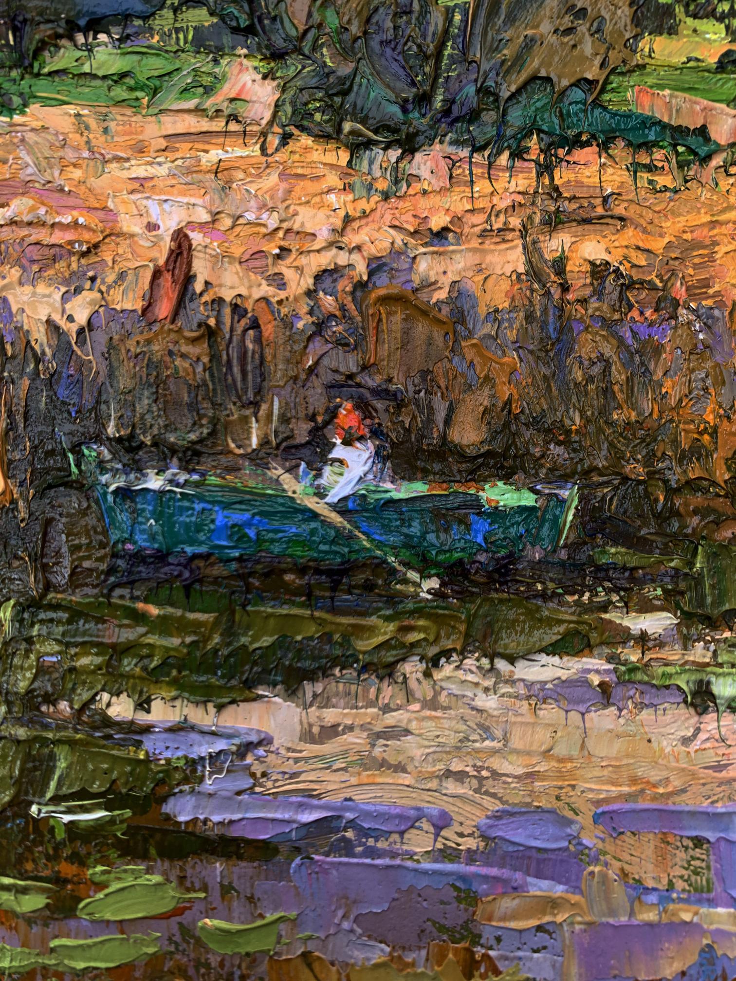 Oil painting Among the Reeds by Oksana Ivanyuk: rowboat in green landscape