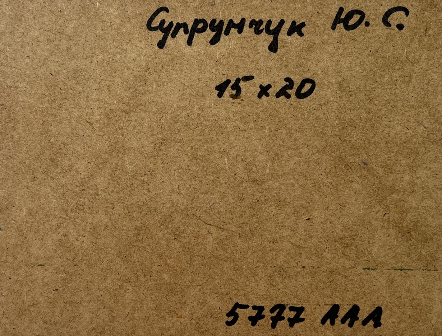Back of Yuriy Suprunchuk oil painting Boats near the mountains with Cyrillic text and measurements on brown cardboard