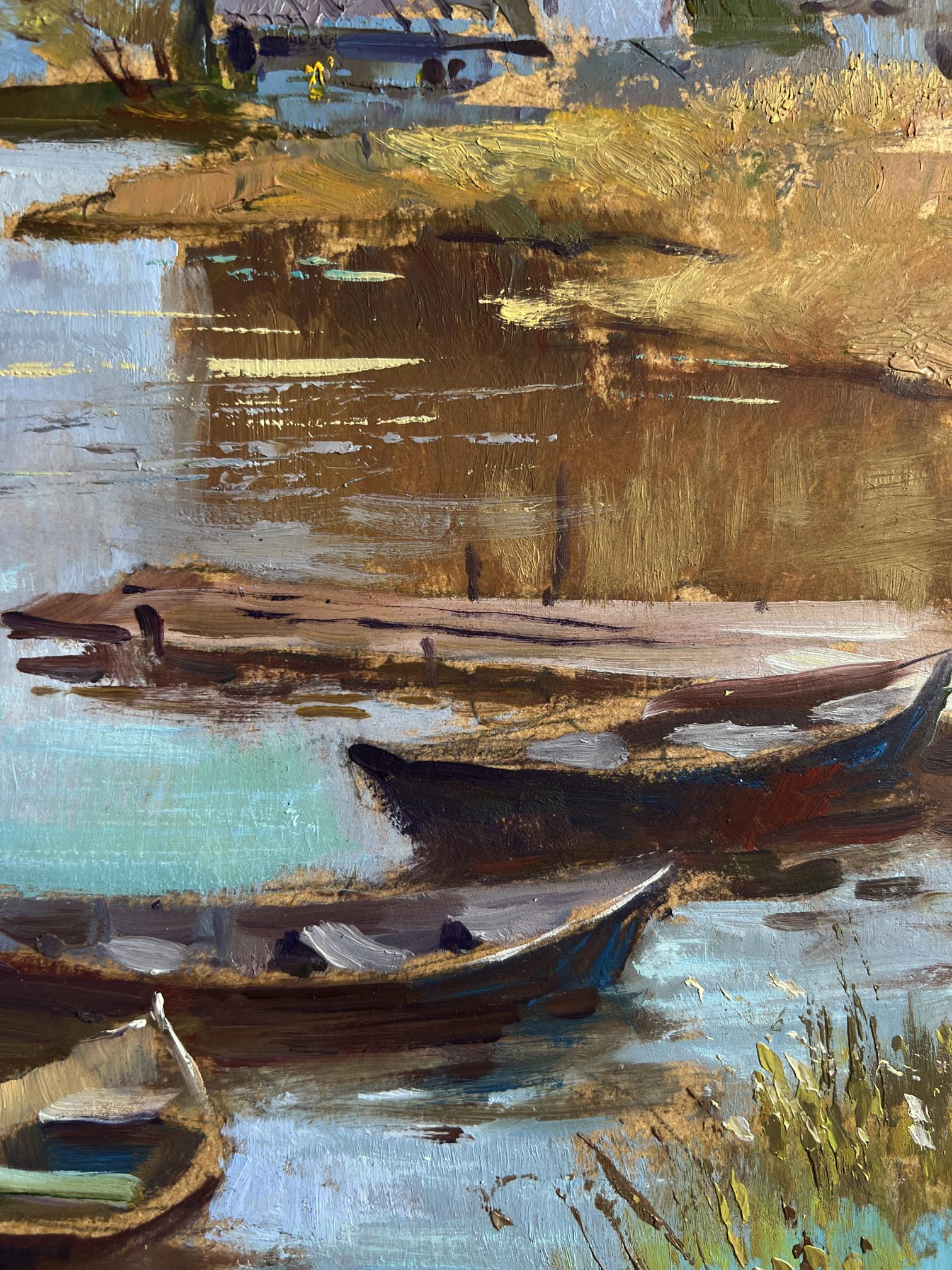 Oil painting of three rowboats in calm water by Yuriy Suprunchuk