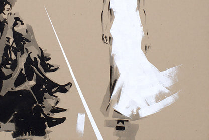 Minimalist illustration of figure in flowing white gown on podium by Dima Filatov