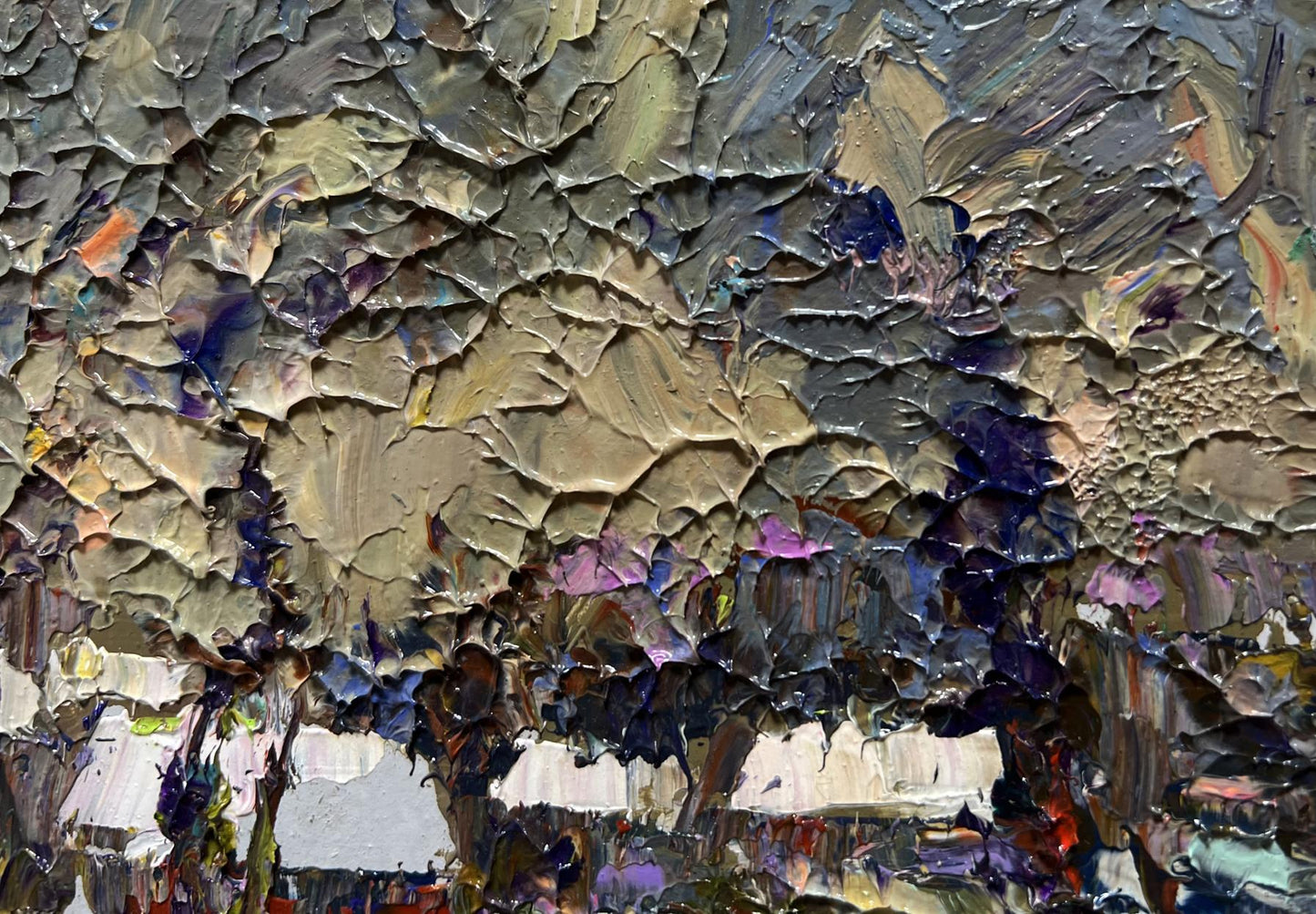 Oil painting Winter Twilight by Oksana Ivanyuk, textured gray beige purple blue abstract