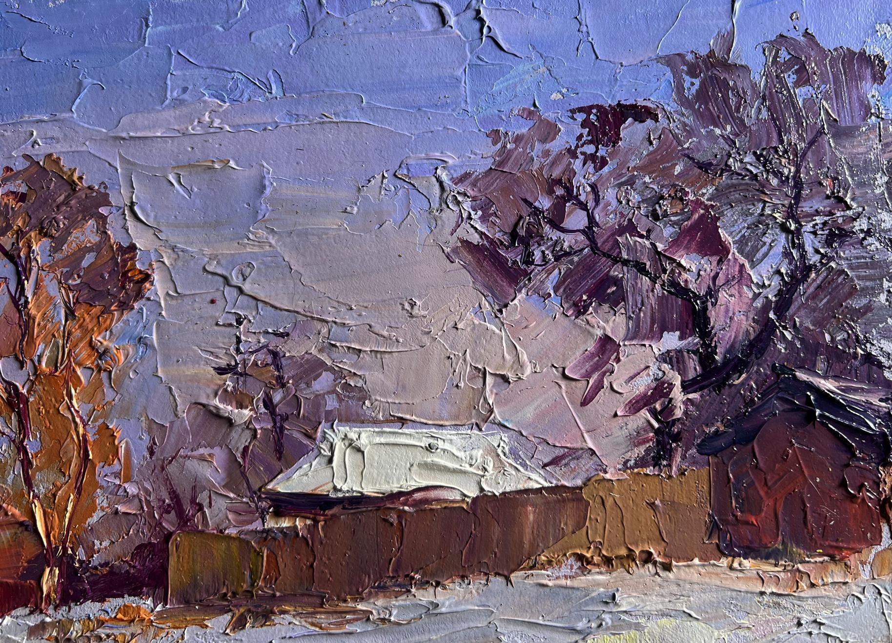 Textured impressionist oil painting by Boris Serdyuk of rustic snowy house