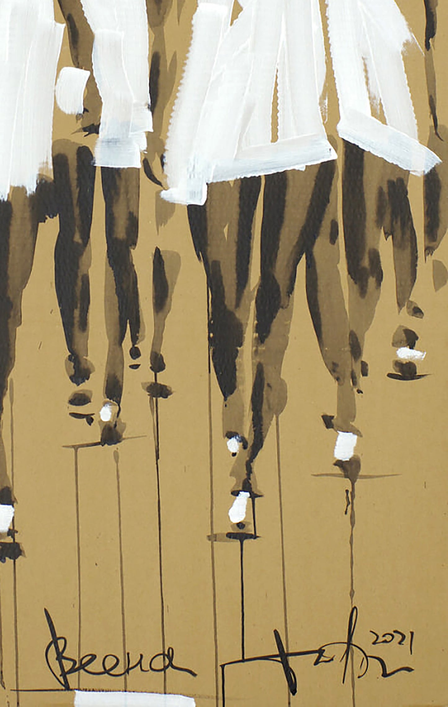 Abstract acrylic painting Spring Dima Filatov with white brushstrokes on brown, Beena 2021