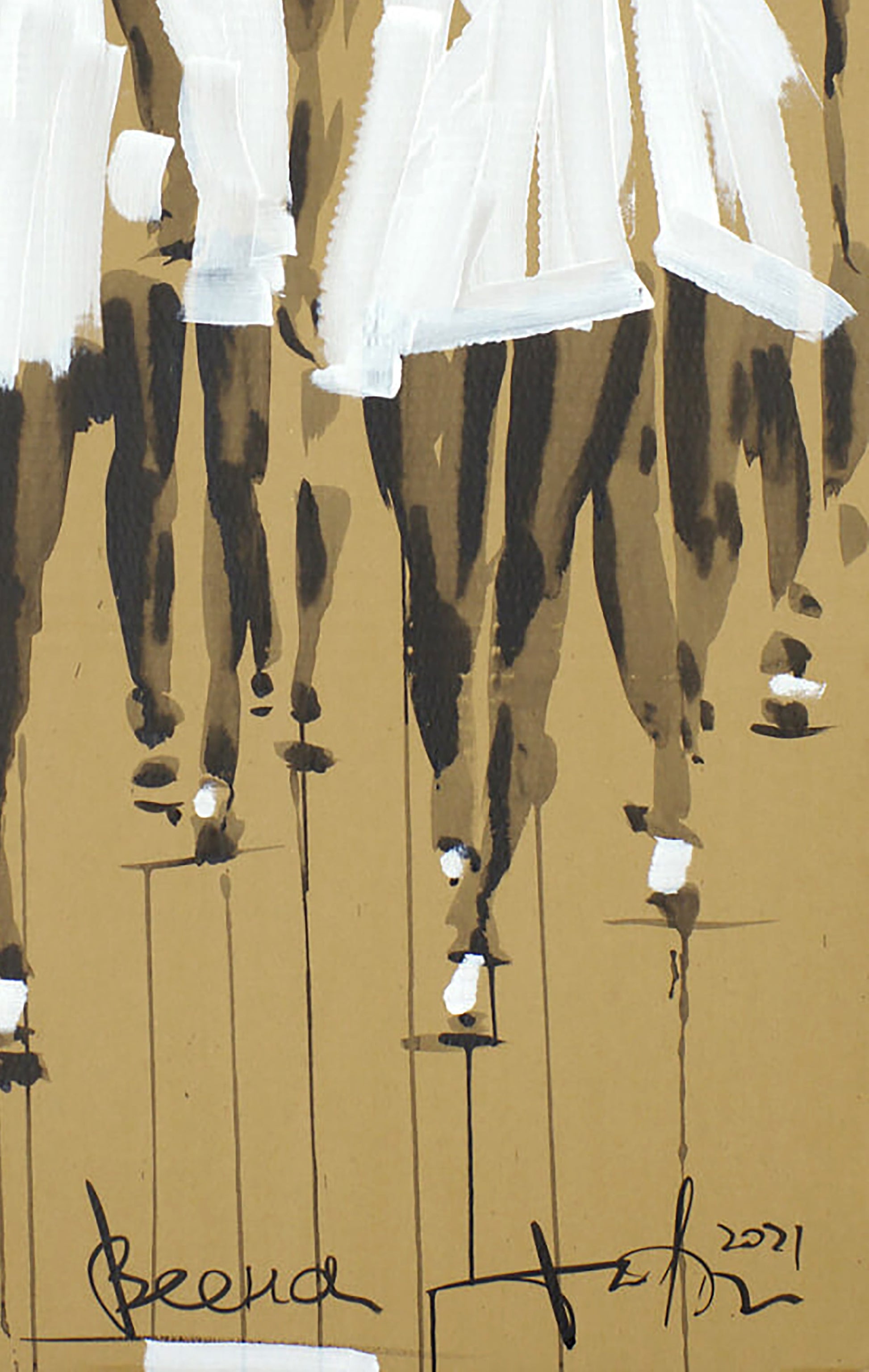 Abstract acrylic painting Spring Dima Filatov with white brushstrokes on brown, Beena 2021