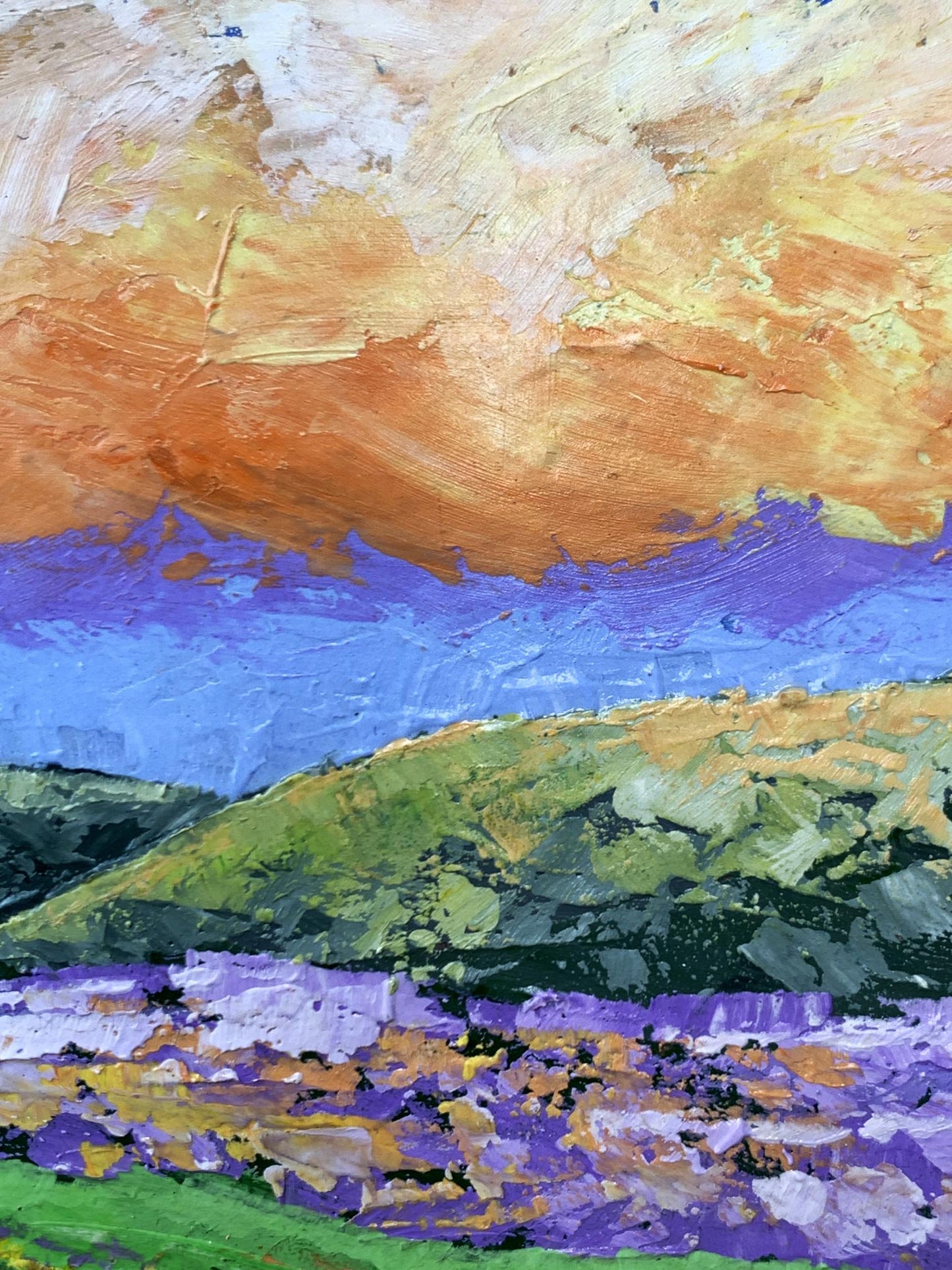 V. Zadorozhnya oil painting of yellow clouds over purple skies and lavender hills