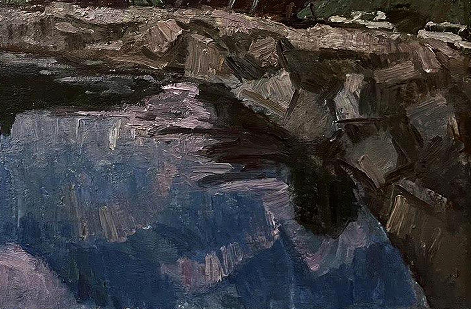 Oil painting Twilight by Oleksandr Andreev: textured rocky cliffside