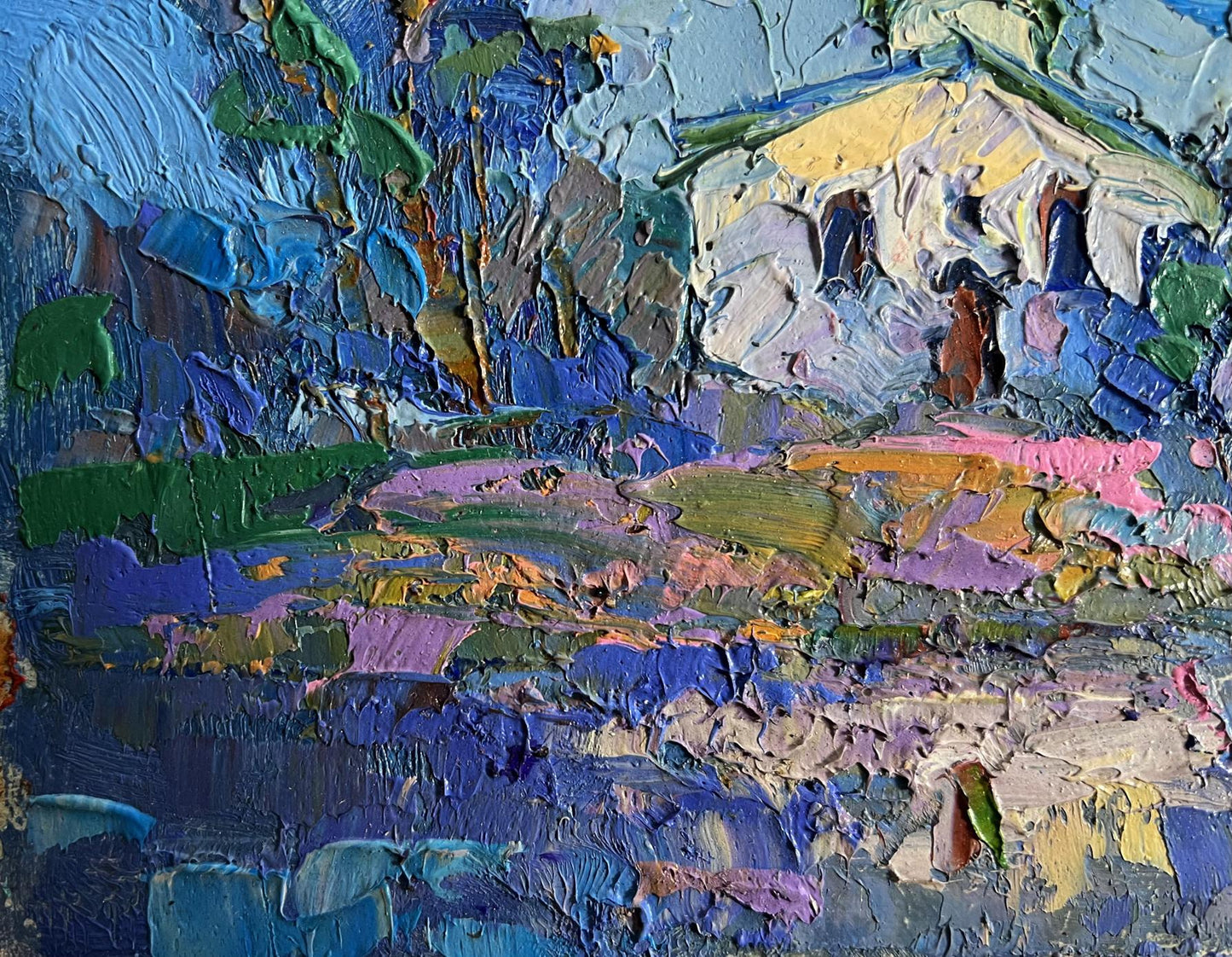 Oil painting Early in the morning at church by Oksana Ivanyuk with rustic house