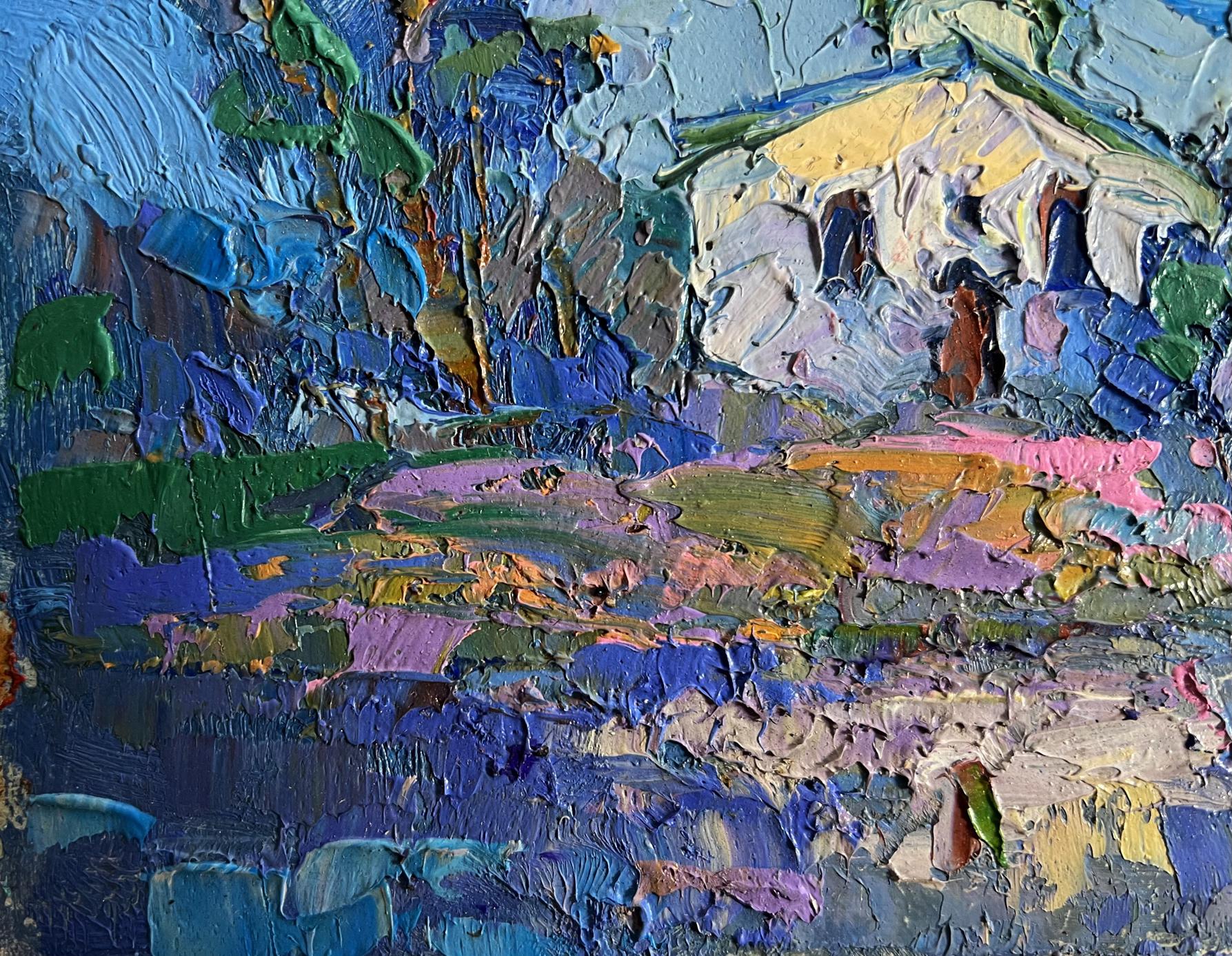 Oil painting Early in the morning at church by Oksana Ivanyuk with rustic house