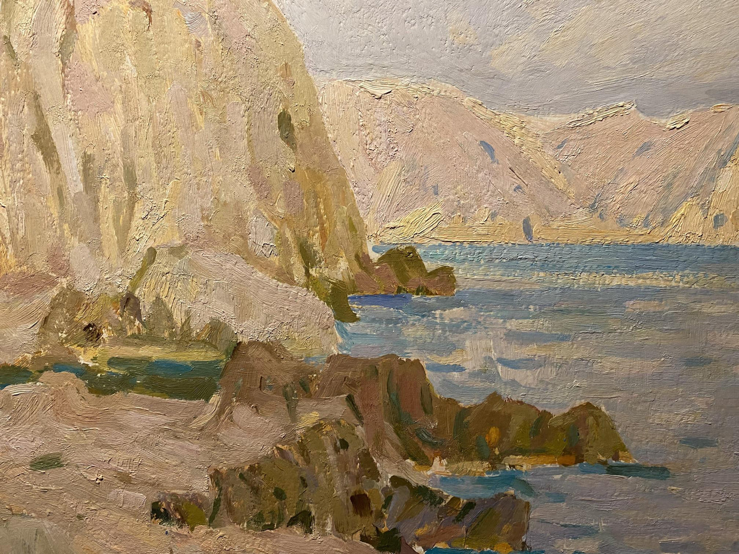 Oil painting Evening in Sudak by Nikolai Fedorovich Bortnikov, coastal cliffs