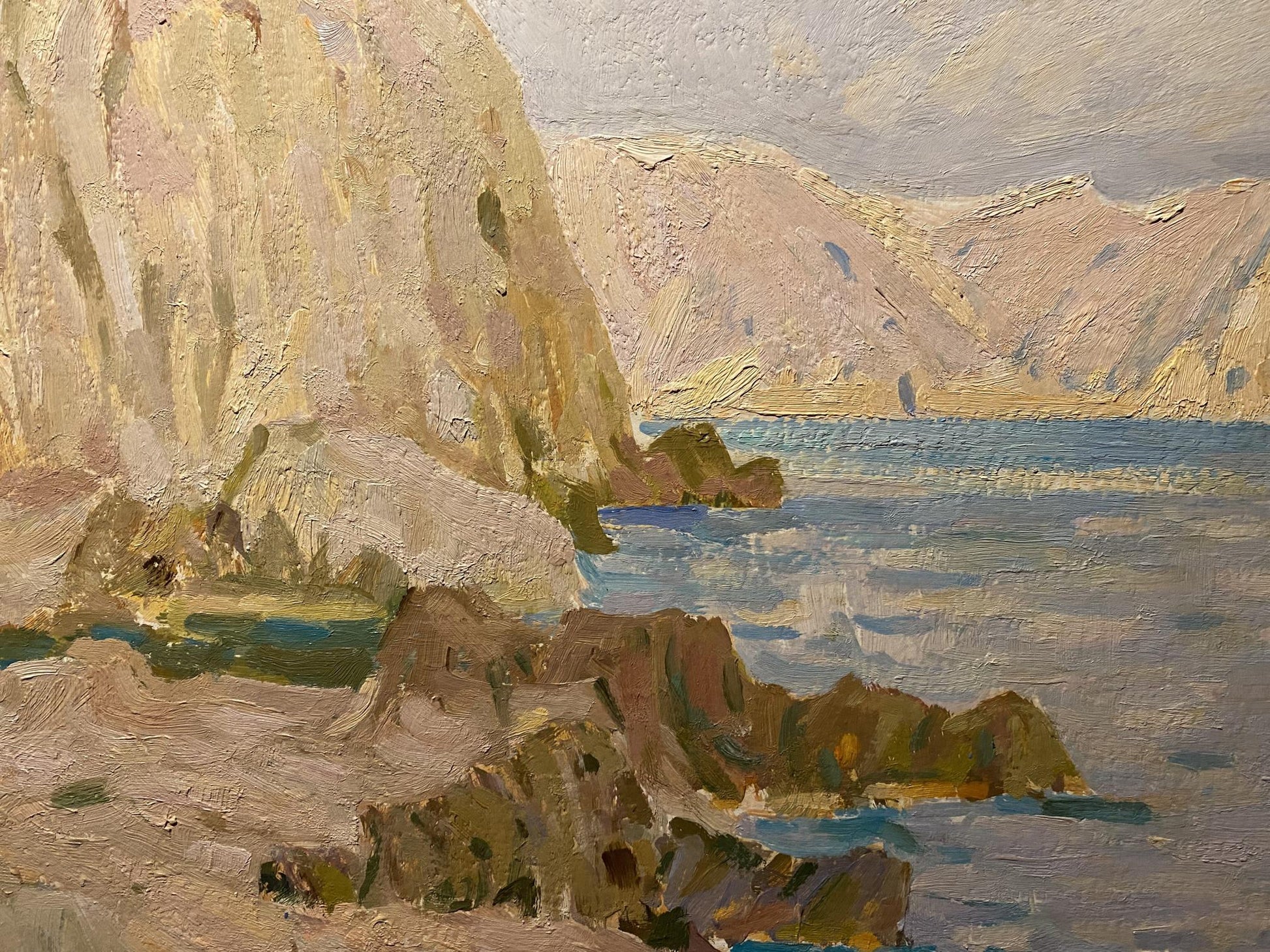 Oil painting Evening in Sudak by Nikolai Fedorovich Bortnikov, coastal cliffs