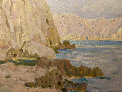 Oil painting Evening in Sudak by Nikolai Fedorovich Bortnikov, coastal cliffs