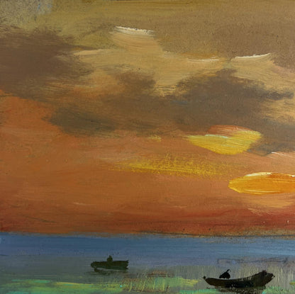 Oil painting of orange sunset over river by Yuriy Suprunchuk