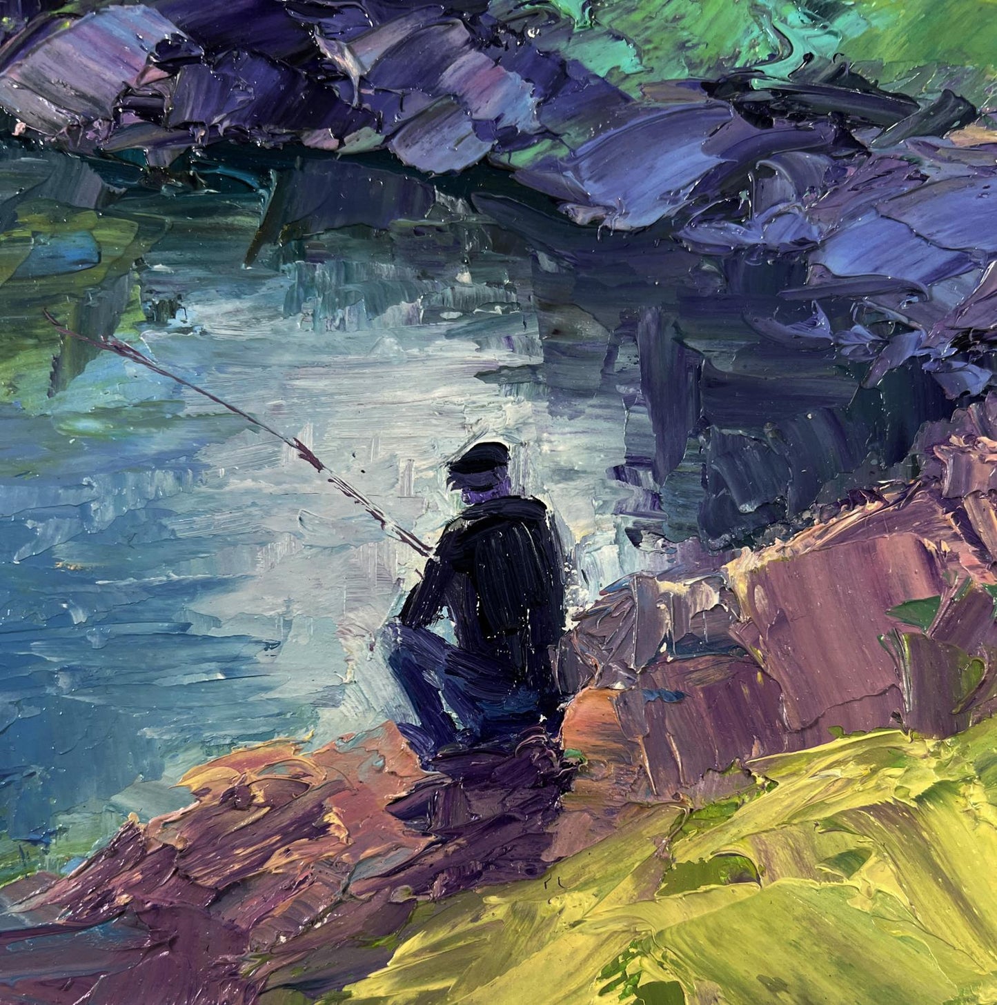 Oil painting Quiet Morning by the River by Boris Serdyuk fisherman casting line