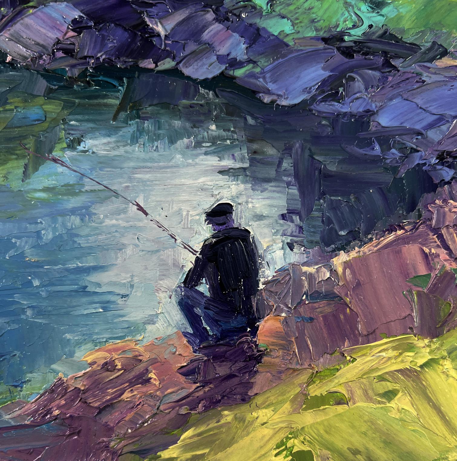 Oil painting Quiet Morning by the River by Boris Serdyuk fisherman casting line