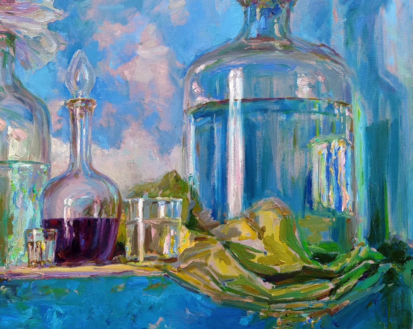 Oil painting of Leonid Pavlenko’s alcohol decanter with purple liquid on table