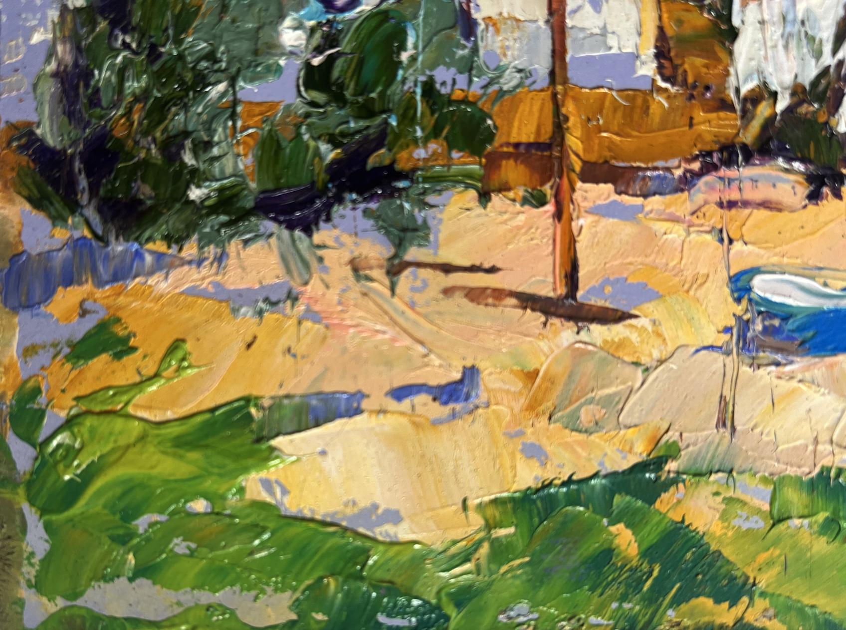 Vibrant impressionist oil painting by Oleksiy Ivanyuk: clothes drying in yard