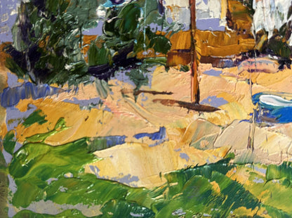 Vibrant impressionist oil painting by Oleksiy Ivanyuk: clothes drying in yard