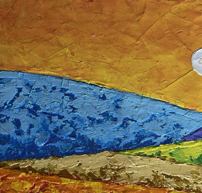 Oil painting Yellow rays of sunset V. Zadorozhnya with orange blue green impasto