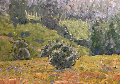 Textured impressionist oil painting of Georgy Kolosovsky forest glades with green hills and flowers