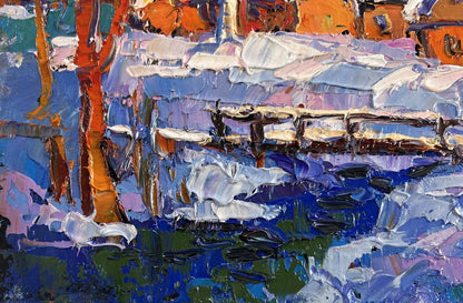Vibrant impressionist oil painting Frosty breath of dawn by Oksana Ivanyuk snowy landscape