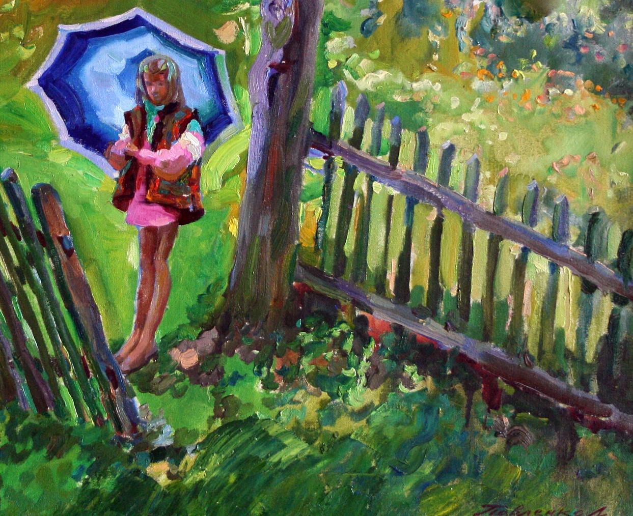 Oil painting Summer rain by Leonid Pavlenko: girl with blue umbrella in garden
