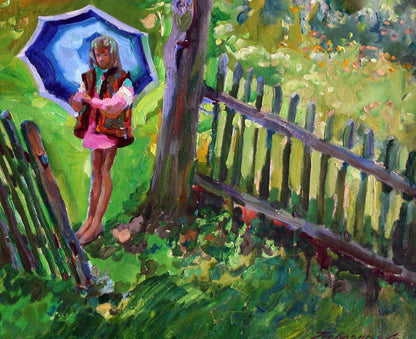 Oil painting Summer rain by Leonid Pavlenko: girl with blue umbrella in garden