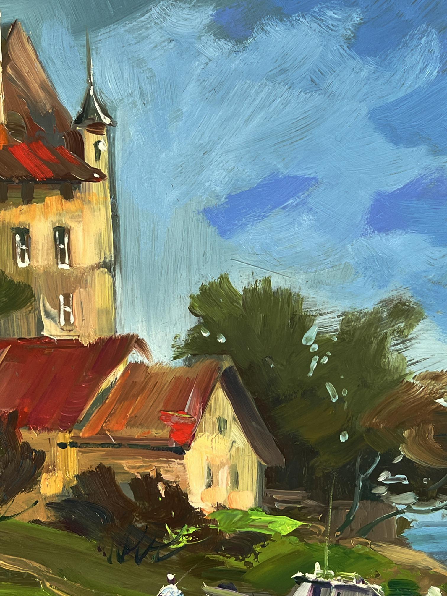 Rustic oil painting by Yuriy Suprunchuk of village boat dock scene