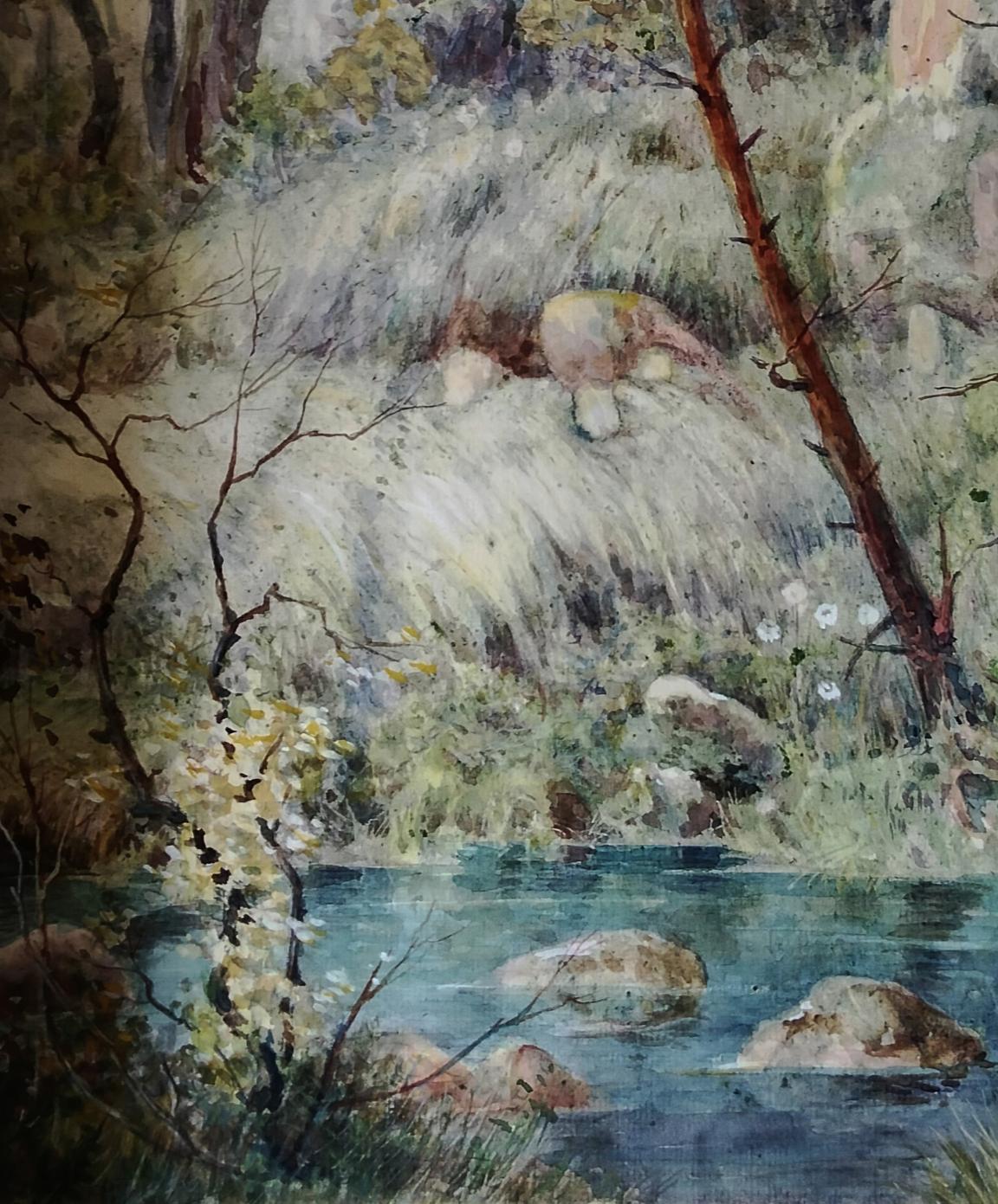 Watercolor painting Earth’s breath at dawn serene forest stream by Vitaly Duhnevich