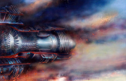 Oil painting of sleek turbine rocket engine by Alexander Dobrodiy