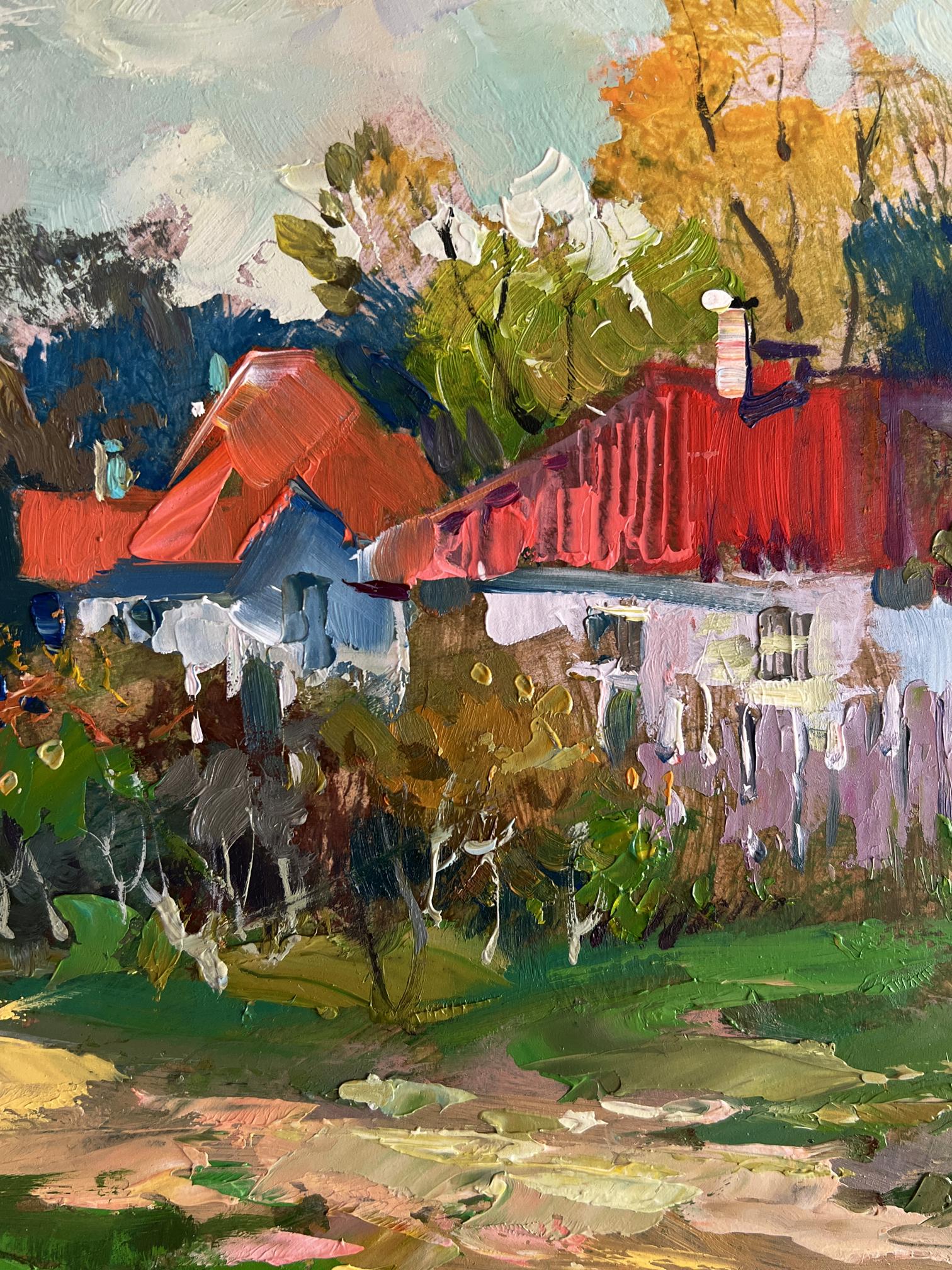 Vibrant impressionist oil painting of quiet village street by Yuriy Suprunchuk