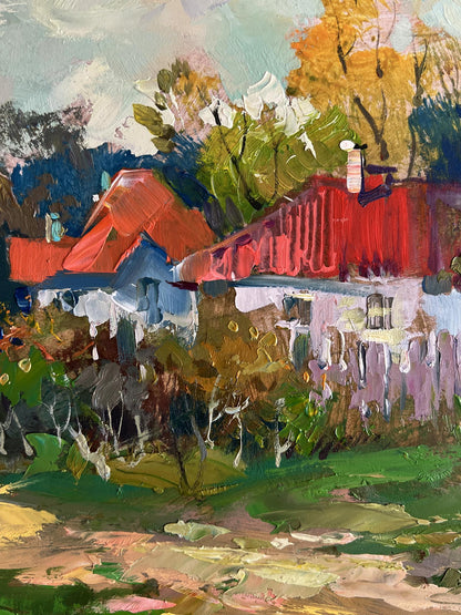 Vibrant impressionist oil painting of quiet village street by Yuriy Suprunchuk