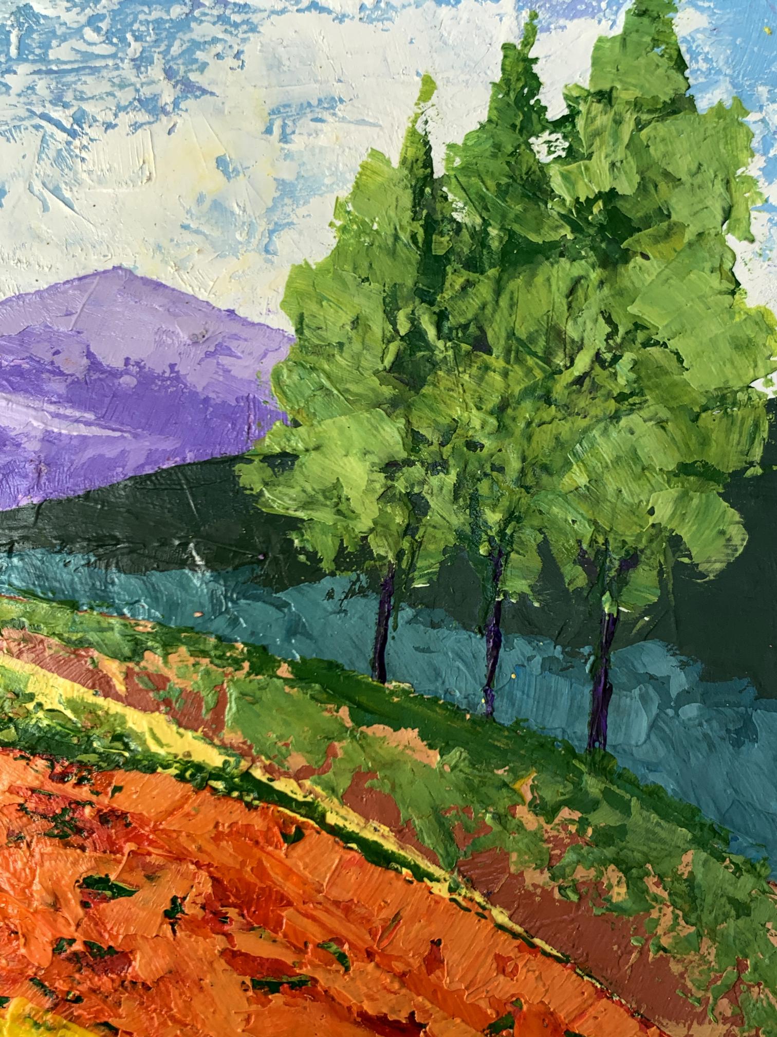 A vibrant impressionistic painting featuring three tall green trees with textured brushstrokes, set against a purple mountain and a blue sky.