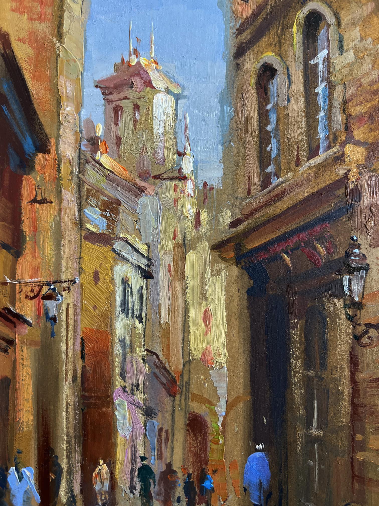 Warm-toned oil painting by Yuriy Suprunchuk of sunlit European alleyway