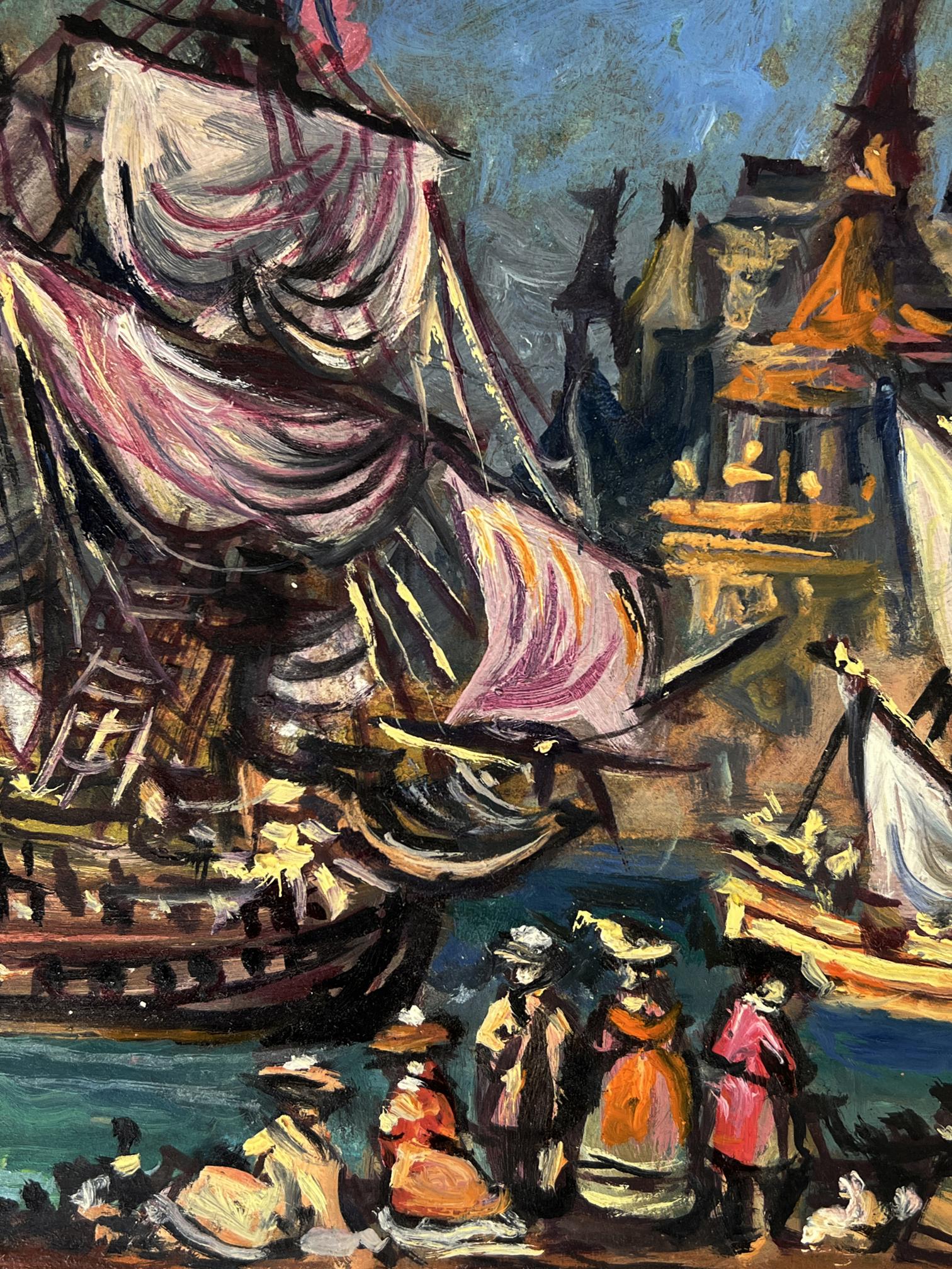 Oil painting of grand ship with pink sails near harbor by Litvinov