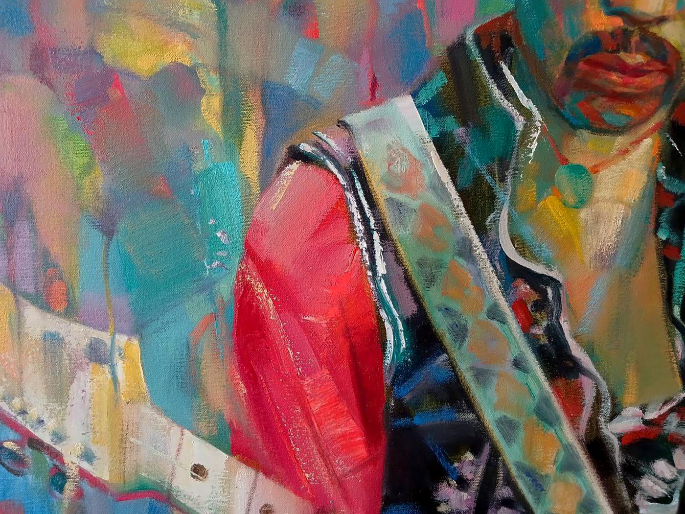 Vibrant red Jimi Hendrix abstract oil painting guitar strap by Anatoly Tarabanov