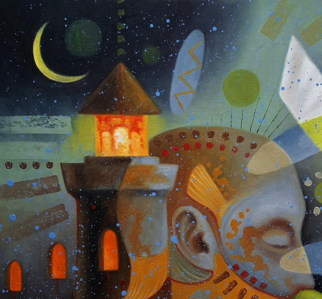 Surreal oil painting A person sees dreams by Sergiy Voichenko with tower and face