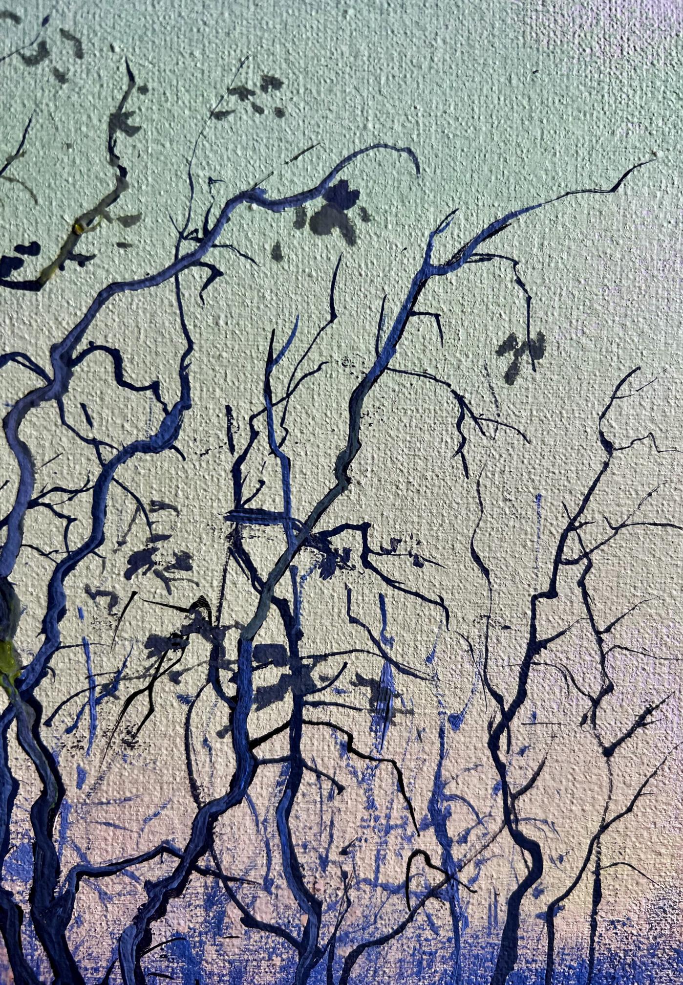 Oil painting Quiet gatherings around the fire by Tatyana Derdey, dark blue tree branches on green-lavender gradient