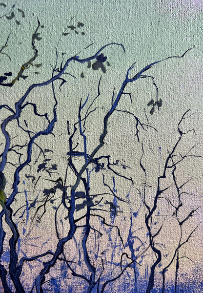 Oil painting Quiet gatherings around the fire by Tatyana Derdey, dark blue tree branches on green-lavender gradient