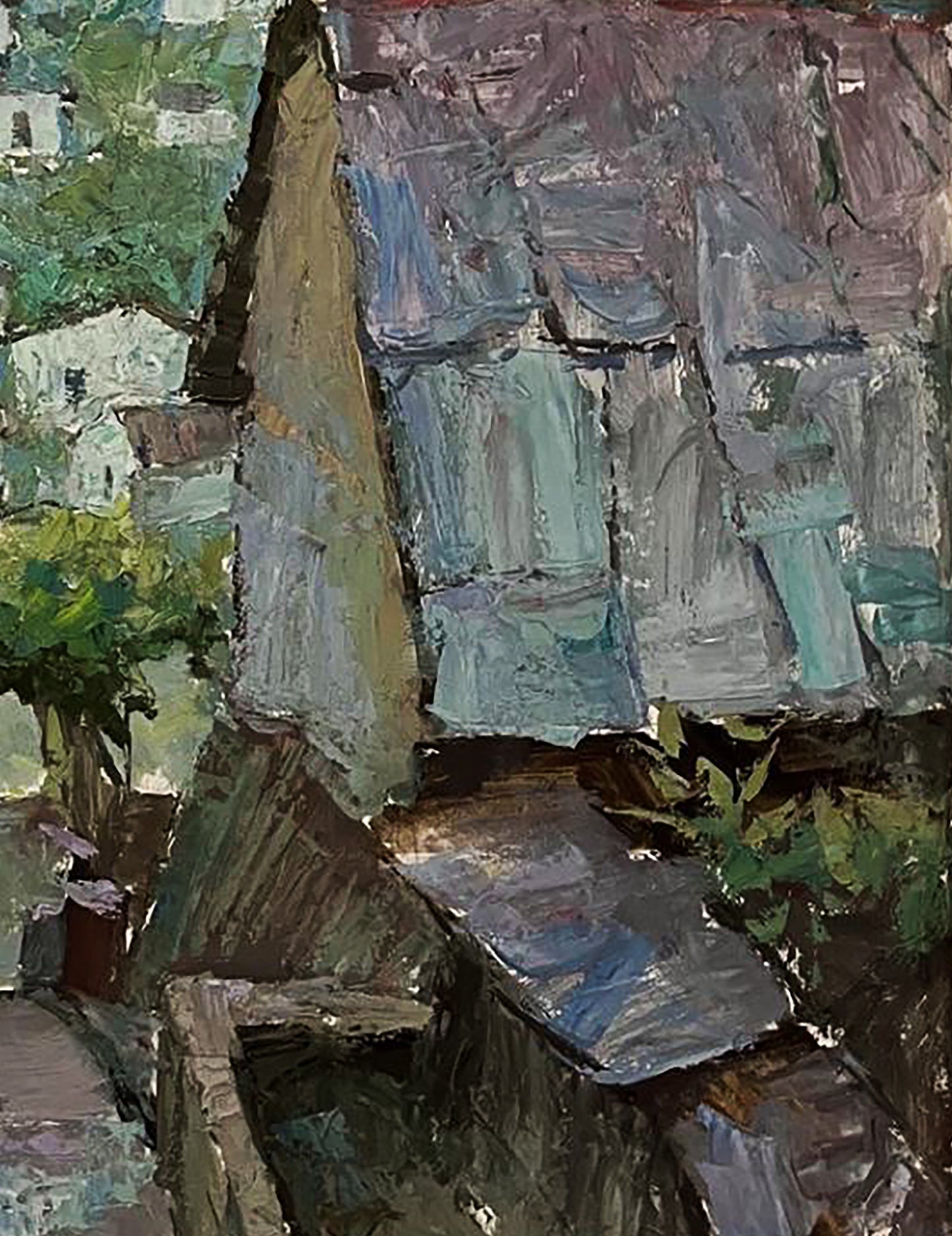 Oil painting Roofs of houses by Oleksandr Andreev: textured rustic roof tiles and foliage