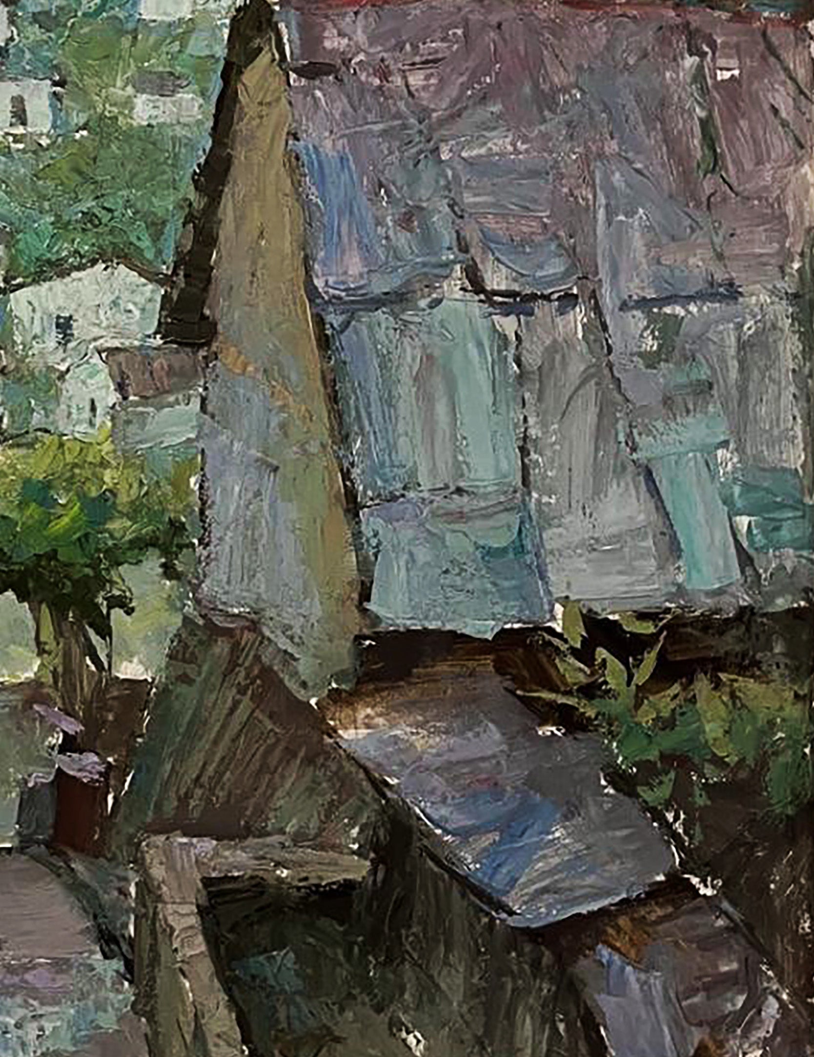 Oil painting Roofs of houses by Oleksandr Andreev: textured rustic roof tiles and foliage