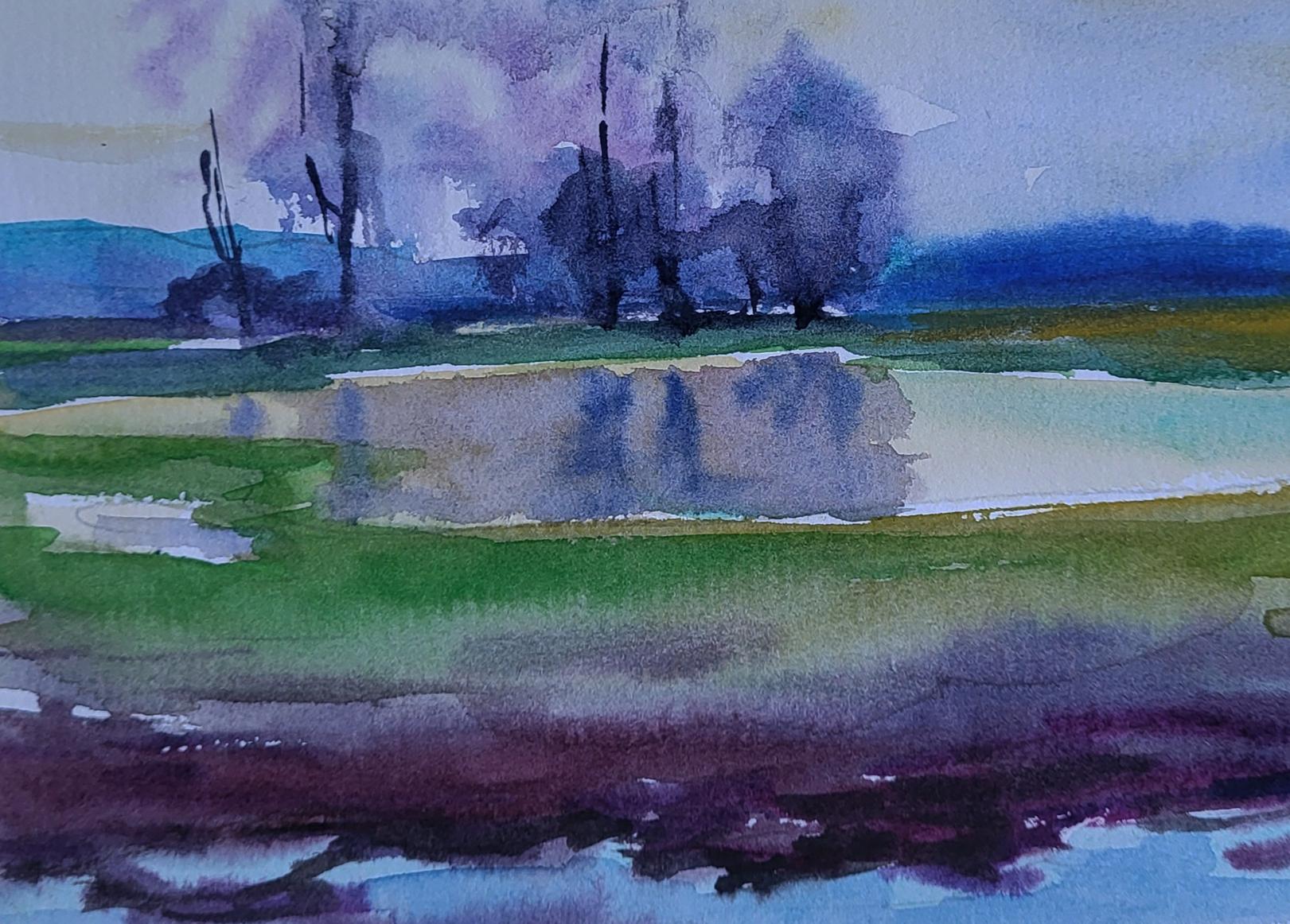 Watercolor painting Lake in the Woods by Boris Serdyuk with blurred trees reflected in calm water