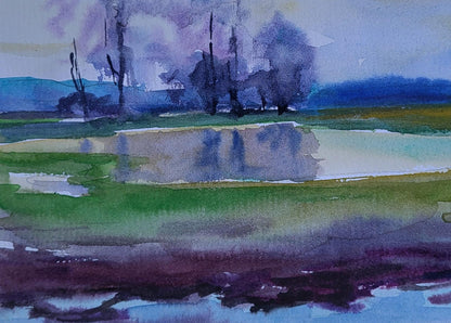 Watercolor painting Lake in the Woods by Boris Serdyuk with blurred trees reflected in calm water