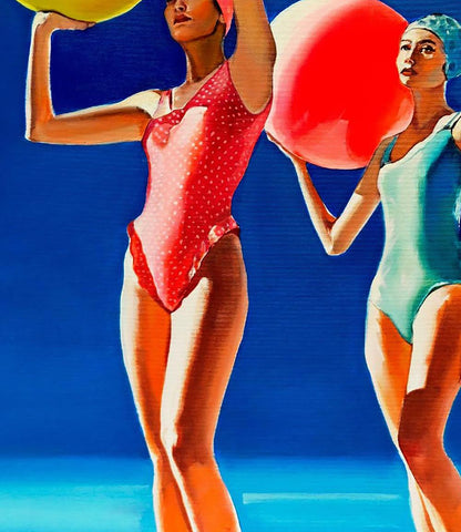 Vibrant red polka-dot one-piece swimsuit in Igor Konovalov oil painting