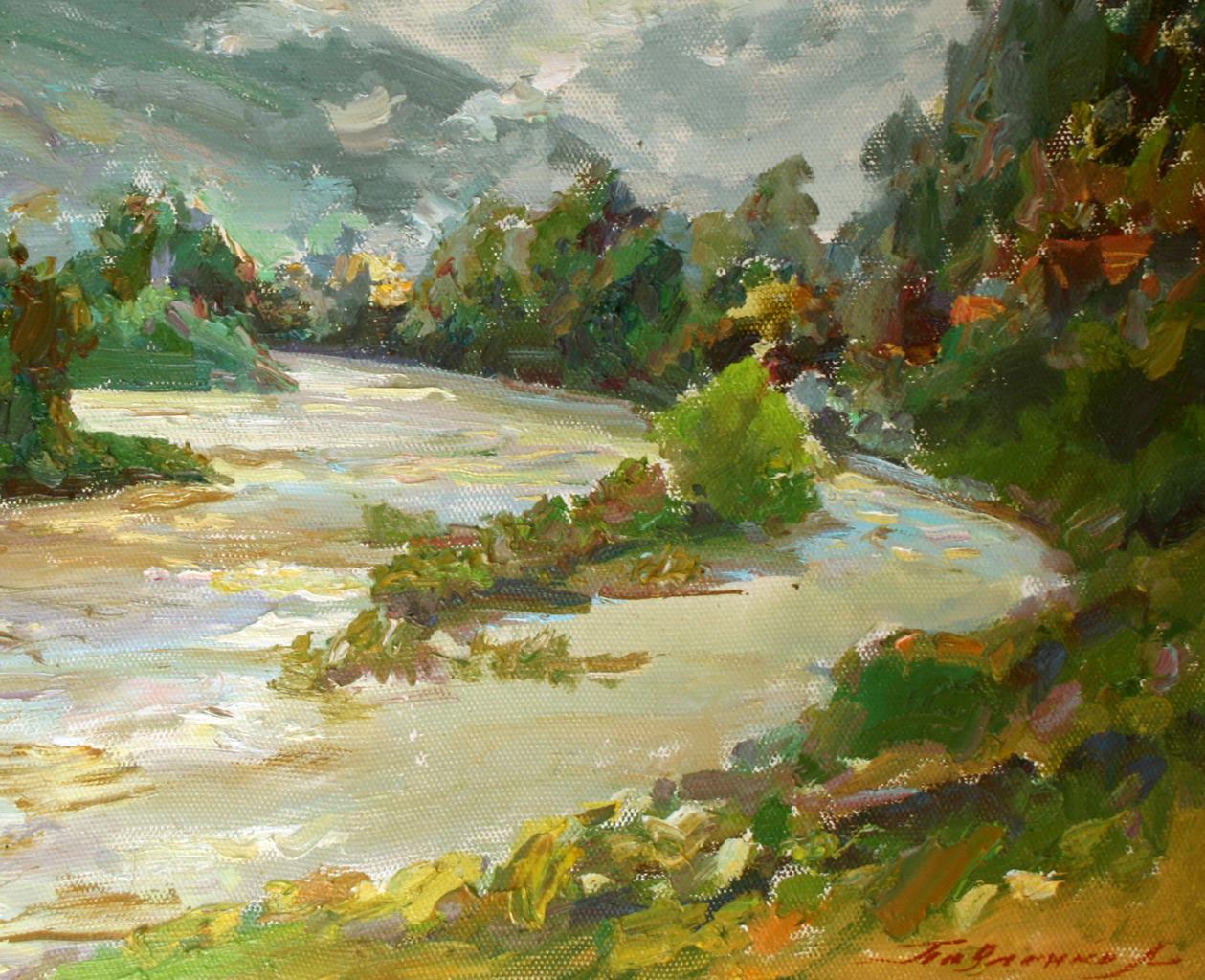 Impressionistic oil painting of mountain river by Leonid Pavlenko