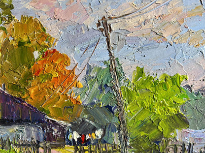 Oil painting September day by Boris Serdyuk: weathered pole and foliage
