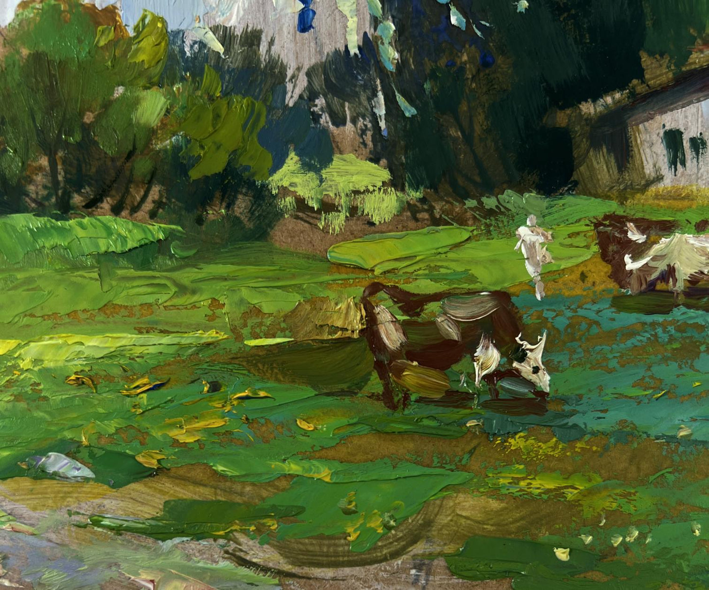 Rustic oil painting of cow grazing in green fields by Yuriy Suprunchuk
