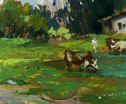 Rustic oil painting of cow grazing in green fields by Yuriy Suprunchuk