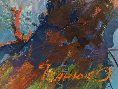 Oil painting Fairground Square by Oleksiy Ivanyuk in orange, blue, brown