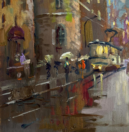 Oil painting Dynamics of urban life by Yuriy Suprunchuk: vintage tram in rain-slicked street